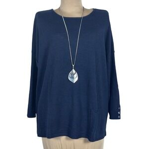 J Jill Linen Blend Top Navy Button Cuff Long Sleeve Pocket Relaxed‎ Boxy  Large